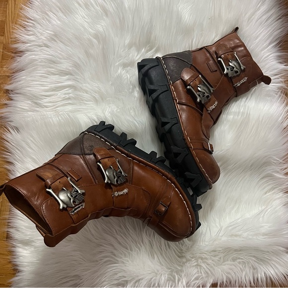 Other - Brown Leather Buckle Boots with Skull Accents